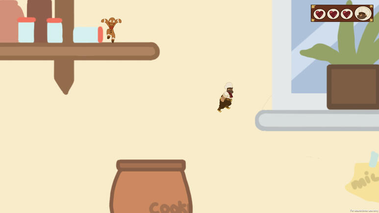 Level 1 - The Gingerbread Man taunts the Baker from a shelf.